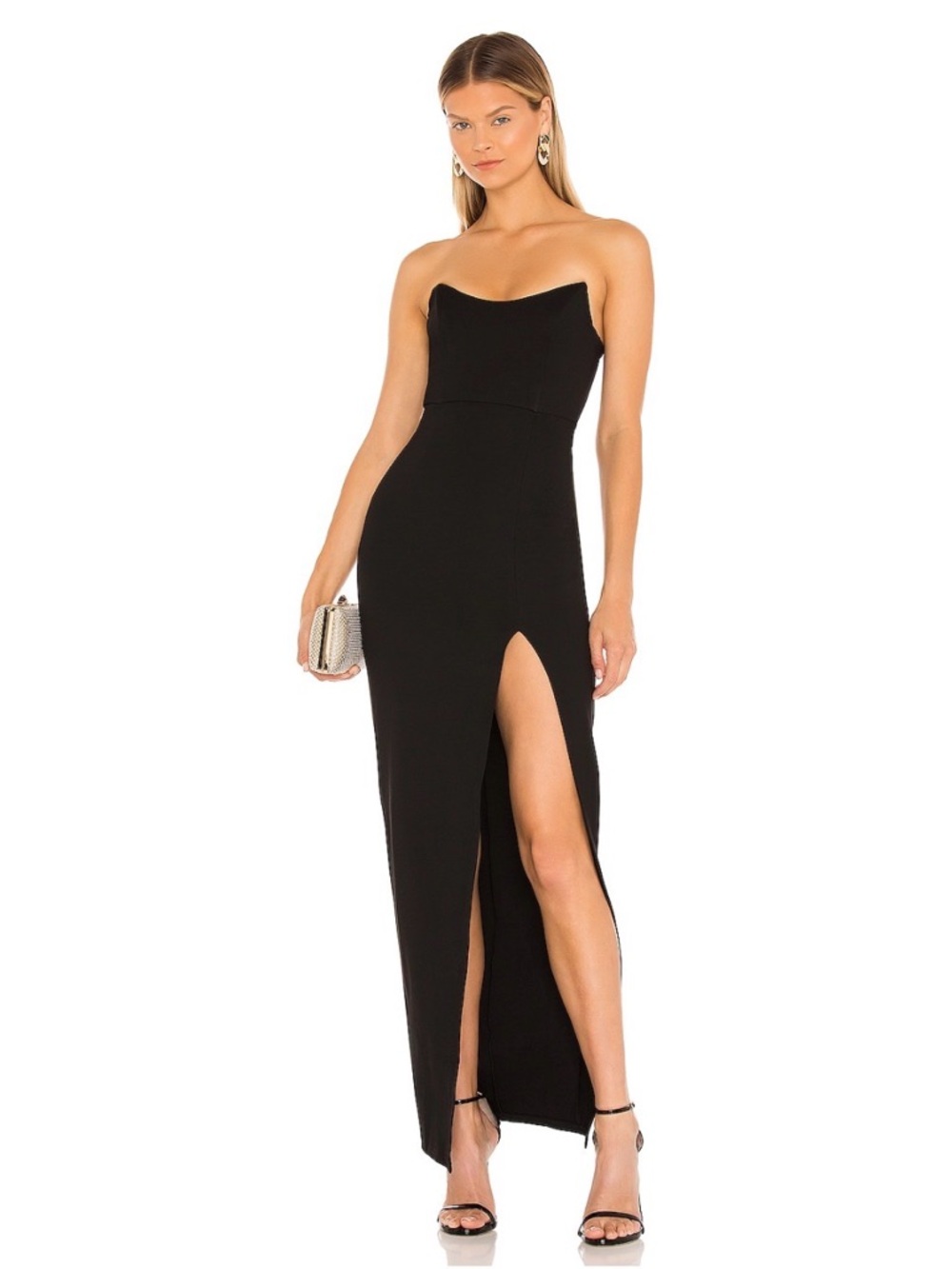superdown Black Strapless Midi Dress with Side Slit